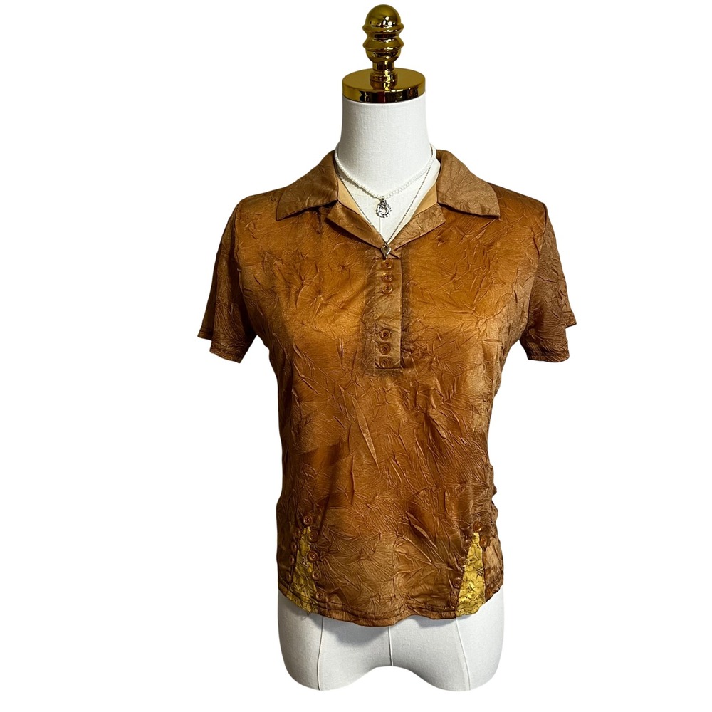 Louis Fashion Bronze Crinkle Textured Polo Shirt Yellow Lace Side Details Small